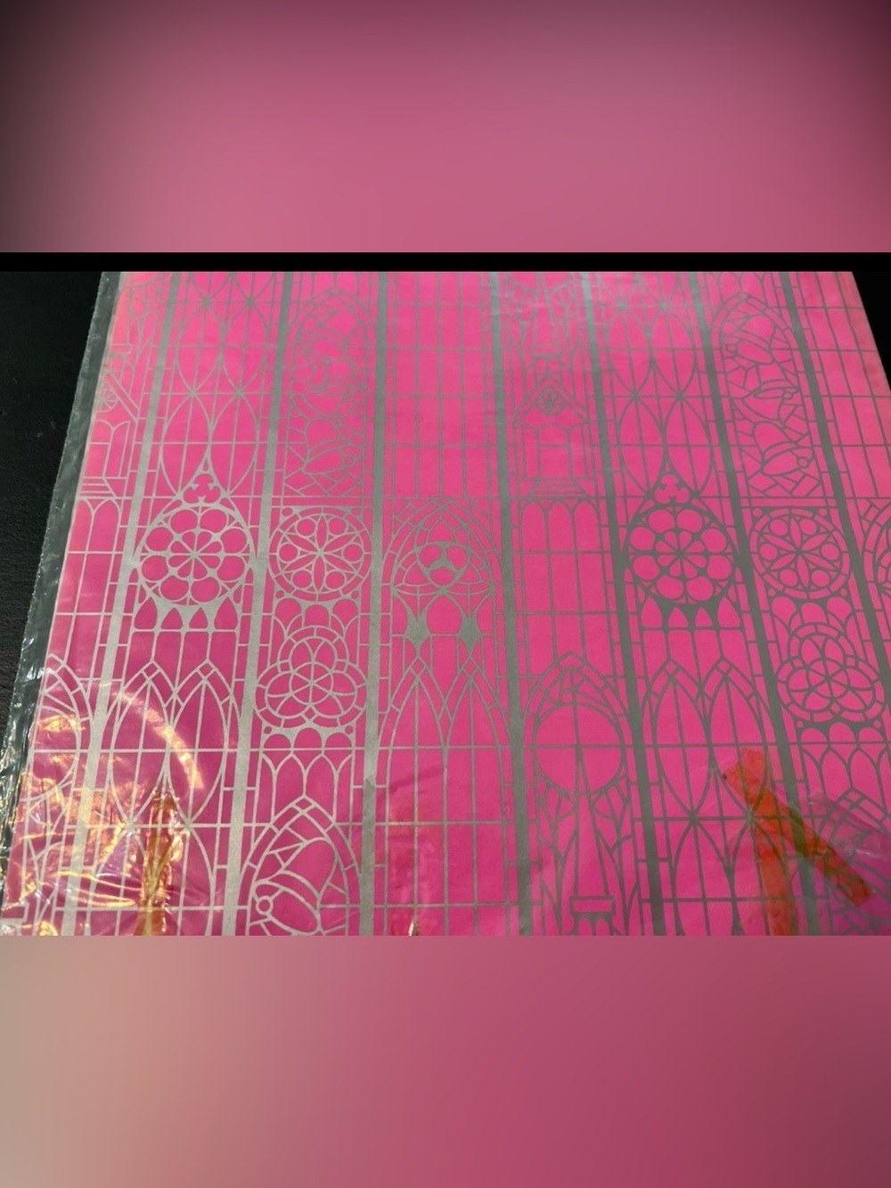 Vtg Wedding Gift Wrap Dennison Pink Silver Cathedral 2 Sheets 70s Mod Ephemera